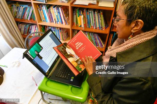 Ponnie Moodley educates her online students during an interview on June 09, 2020 in Johannesburg, South Africa. The veteran educator of 31 years has...