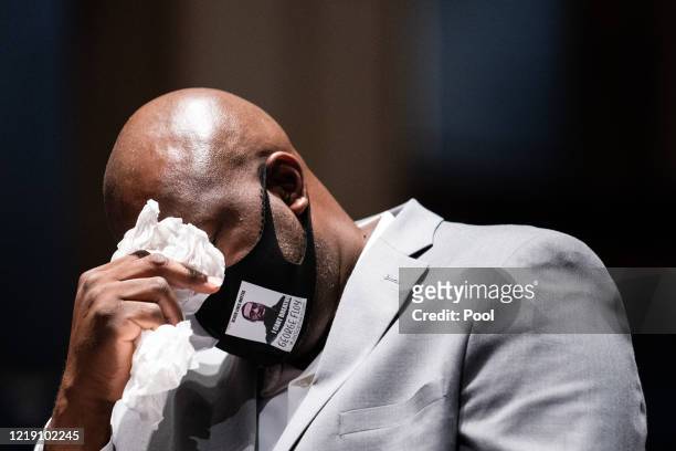 Philonise Floyd, brother of George Floyd, tears up while testifying during a House Judiciary Committee at a hearing on police accountability on...