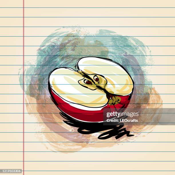 slice of apple drawing on ruled paper - apple slice stock illustrations