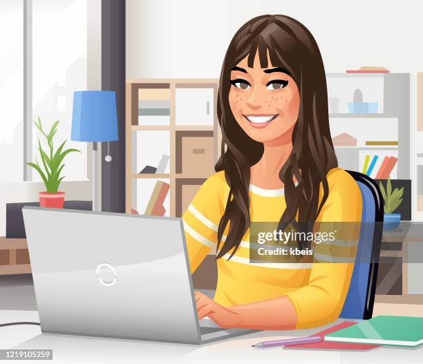 young woman using laptop at home - youth culture stock illustrations