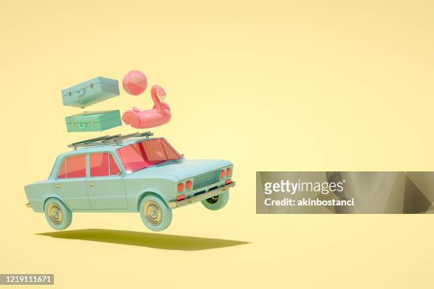 auto e bagagli 3d, concetto minimo estivo e di viaggio - tridimensionale foto e immagini stock