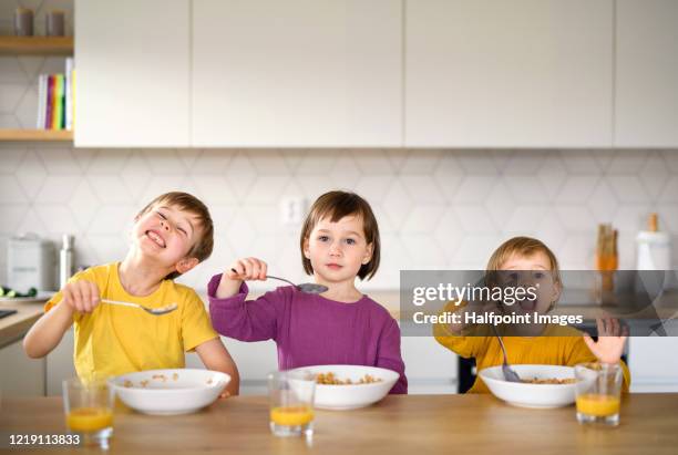 three small children in the morning at home, eating breakfast. - family with three children fotografías e imágenes de stock