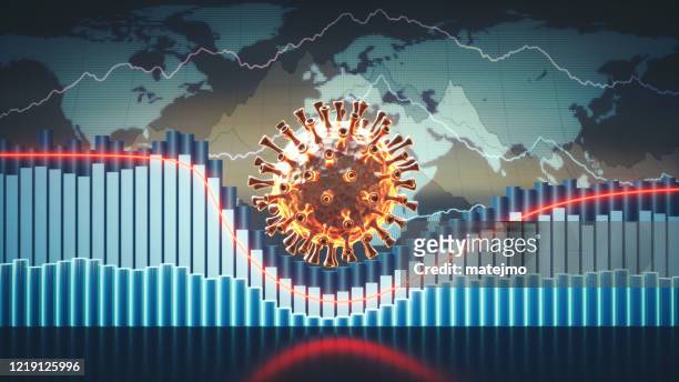 informazioni economiche astratte sul coronavirus concetto 3d con grafici, grafici e mappa del mondo sullo sfondo e una cellula virale al centro - crisi foto e immagini stock