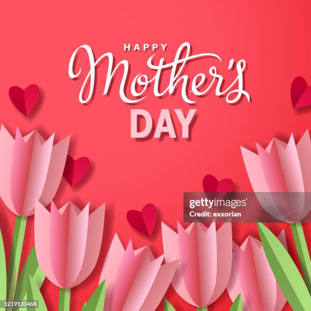 ilustrações de stock, clip art, desenhos animados e ícones de mother's day tulips with hearts - tulipa