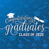 Congratulations graduates 2020 class of vector illustration on seamless grad background, white sign for the graduation party. Typography greeting, invitation card with diplomas, hat, lettering