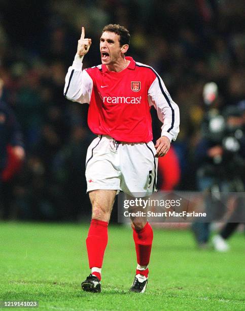 Martin Keown of Arsenal celebrates after the Premier League match between Bolton Wanderers and Arsenal on April 26, 2002 in Bolton, England.