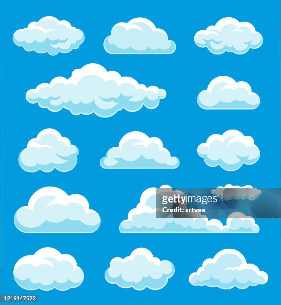 illustrazioni stock, clip art, cartoni animati e icone di tendenza di illustrazione set di nuvole - panorama di nuvole