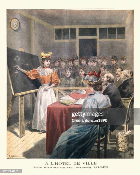 victorian women's education, young woman taking an exam, 19th century - history teacher stock illustrations