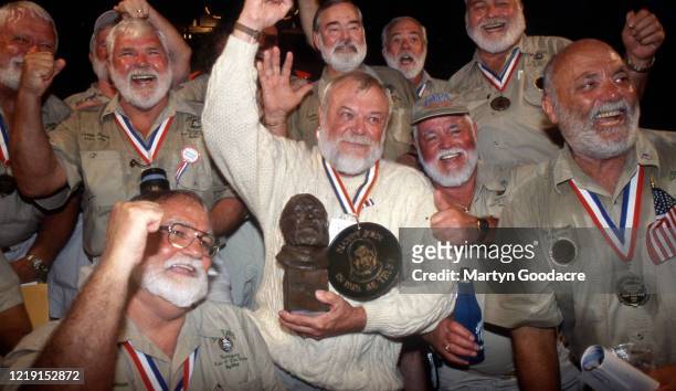 Winner Ron Thomas and other contestants in an Ernest Hemingway lookalike competition at Sloppy Joe's bar, Key West, Florida, United States, 2002.