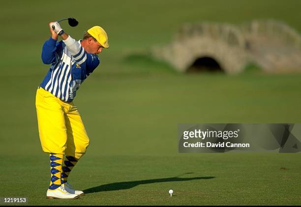 Payne Stewart of the USA tees off during the British Open at St Andrews Golf Club in Fife, Scotland. \ Mandatory Credit: David Cannon/Allsport