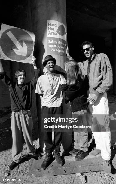 The Prodigy, English electronic dance music band, group portrait under the Westway in west London, 1991. L-R Liam Howlett, Maxim, Keith Flint ,...