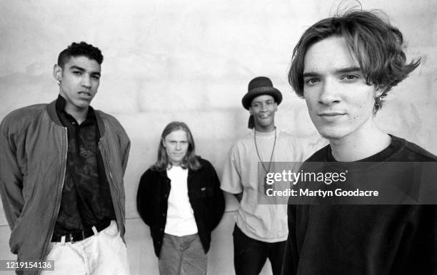 The Prodigy, English electronic dance music band, group portrait under the Westway in west London, 1991. L-R Leeroy Thornhill, Keith Flint , Maxim,...