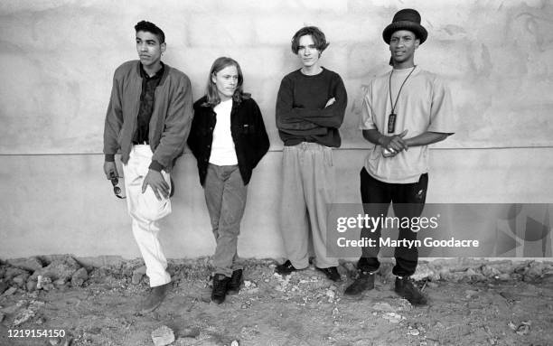 The Prodigy, English electronic dance music band, group portrait under the Westway in west London, 1991. L-R Leeroy Thornhill, Keith Flint , Liam...
