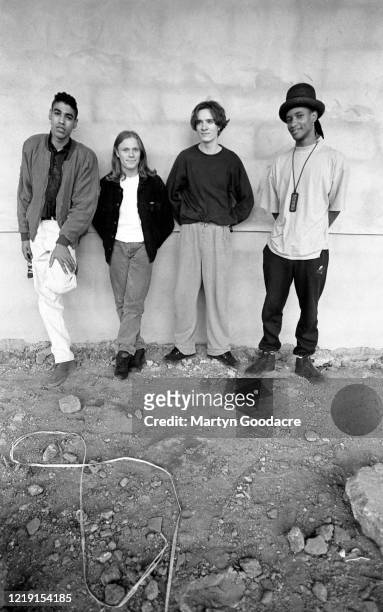 The Prodigy, English electronic dance music band, group portrait under the Westway in west London, 1991. L-R Leeroy Thornhill, Keith Flint , Liam...