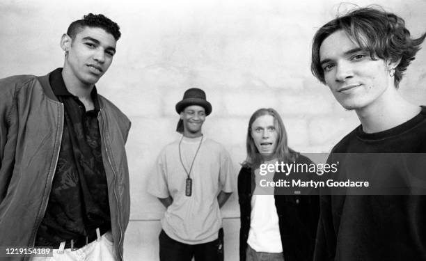 The Prodigy, English electronic dance music band, group portrait under the Westway in west London, 1991. L-R Leeroy Thornhill, Maxim, Keith Flint ,...