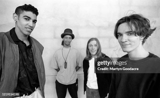 The Prodigy, English electronic dance music band, group portrait under the Westway in west London, 1991. L-R Leeroy Thornhill, Maxim, Keith Flint ,...