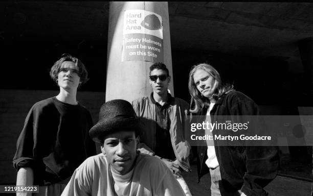 The Prodigy, English electronic dance music band, group portrait under the Westway in west London, 1991. L-R Liam Howlett, Maxim, Leeroy Thornhill,...