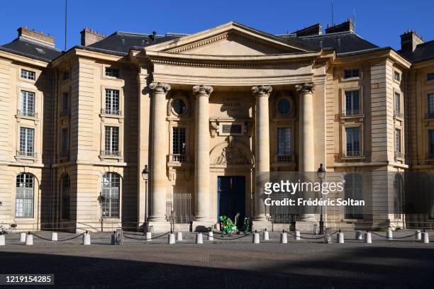 Garbage collection in front of the Pantheon-Sorbonne University closed during the confinement of the French due to an outbreak of the coronavirus on...