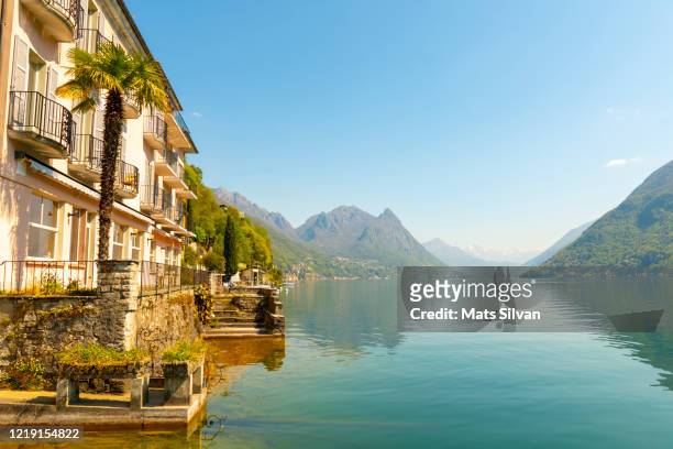 old village gandria and alpine lake lugano with mountain - ticino stockfoto's en -beelden