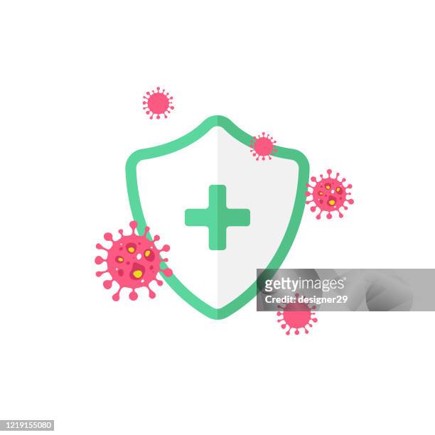 illustrazioni stock, clip art, cartoni animati e icone di tendenza di protezione igienica dello scudo e design piatto dell'icona del sistema immunitario. - emozione positiva