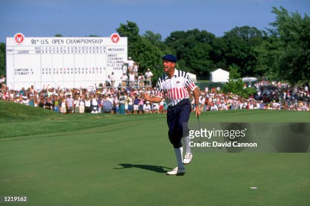 Payne Stewart of the USA celebrates after holing his putt on the 18th green during the US Open at the Hazeltine National Golf Club in Minneapolis,...