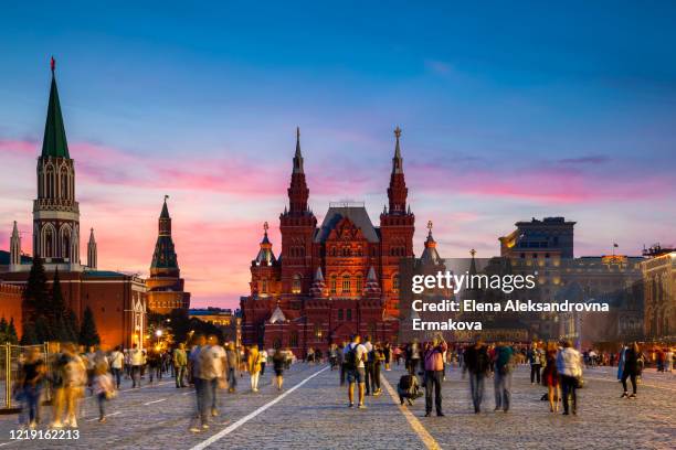 moscow, russia - september 11, 2019: unidentified people walk on the red square in front of the state historical museum - moscow skyline stock pictures, royalty-free photos & images