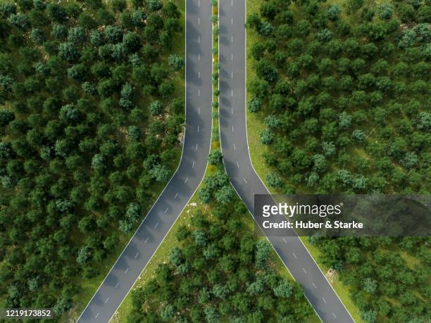 road shaped as zipper around trees - merging fotografías e imágenes de stock