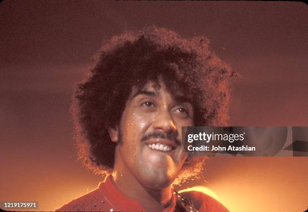 Singer, songwriter and bassist Phil Lynott of the hard rock band Thin Lizzy is shown performing on stage during a "live" concert appearance on...