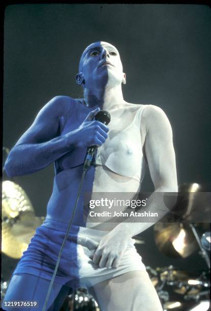 Singer Maynard Keenan is shown performing on stage during a "live" concert appearance with Tool on July 7, 1997. "n