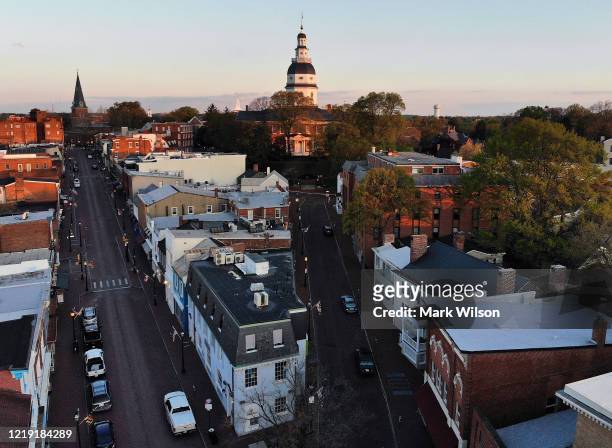 An aerial view from a drone shows the 248 year-old Maryland State House, on April 16, 2020 in Annapolis, Maryland. Maryland Governor Larry Hogan...