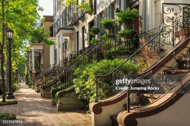 Historic District Street lined with Row Homes in Spring, Savannah, Georgia.