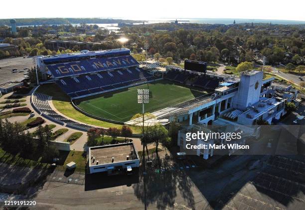 An aerial view from a drone shows the U.S. Naval Academy’s Navy–Marine Corps Memorial Stadium, on April 16, 2020 in Annapolis, Maryland. The Academy...