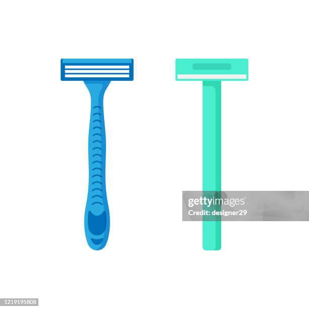 ilustraciones, imágenes clip art, dibujos animados e iconos de stock de diseño plano del conjunto de icono de la hoja de afeitar. - maquinilla de afeitar