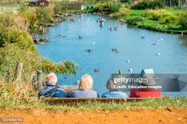 Elderly people enjoying the tranquility of Blakeney Conservation Duck Pond near the North Norfolk coast in East Anglia, England, UK.