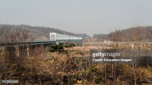 Railway Bridge over Imjin River in the demilitarized zone dividing North and South Korea.