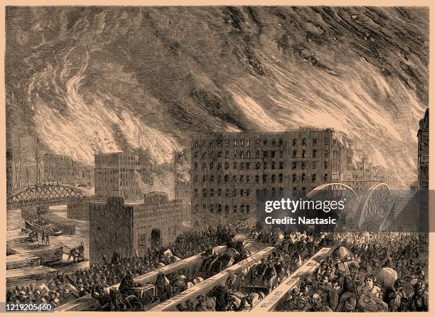 stockillustraties, clipart, cartoons en iconen met grote chicago brand van 1871 - arid climate