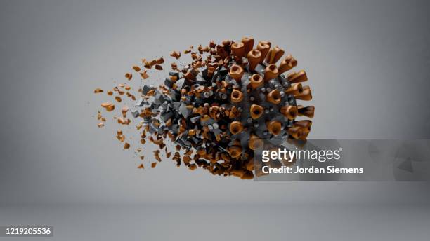 a 3d animation of the covid-19 virus or coronavirus being broken apart. a severe acute respiratory syndrome. - virus organism stock pictures, royalty-free photos & images