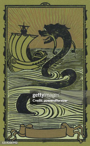 art nouveau style sea monster attacking a ship - 19th century - sea monster stock illustrations
