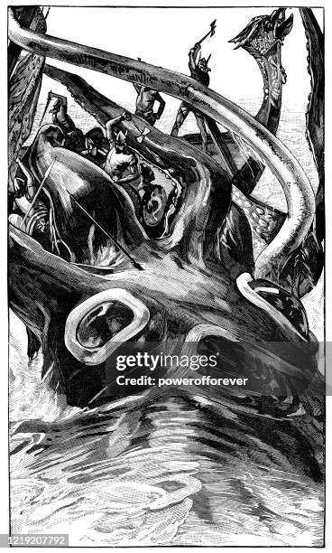 kraken attacking a viking ship - 19th century - sea monster stock illustrations