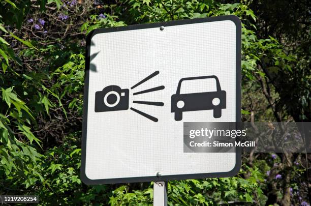 speed camera or radar ahead traffic warning sign in mexico city, mexico - radar fotografías e imágenes de stock