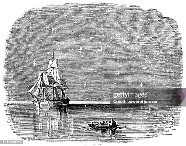 tall ship under the southern cross constellation - 19th century - southern cross stars stock illustrations