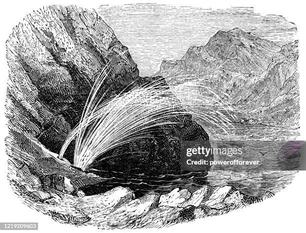 illustrations, cliparts, dessins animés et icônes de blowholes à kynance cove en cornouailles, angleterre - 19ème siècle - event