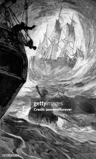 ilustrações de stock, clip art, desenhos animados e ícones de captain hendrick van der decken delivering a message from the flying dutchman ghost ship - 19th century - navio fantasma