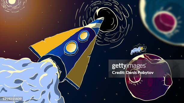 futuristic cosmic hand-drawn illustration - rocket flying in a black hole. - astronaut hand stock illustrations