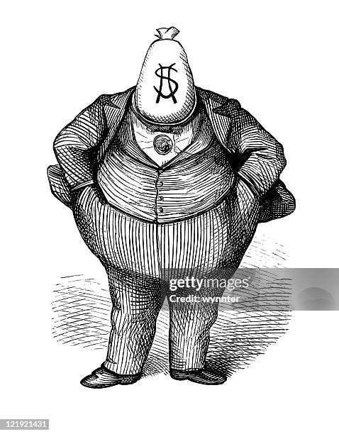 ilustraciones, imágenes clip art, dibujos animados e iconos de stock de anticuario caricatura de'fat gato'político circa 1870 s - corruption