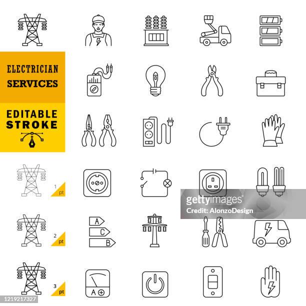 ilustraciones, imágenes clip art, dibujos animados e iconos de stock de iconos de línea de servicios de electricistas. trazo editable. - alto voltaje
