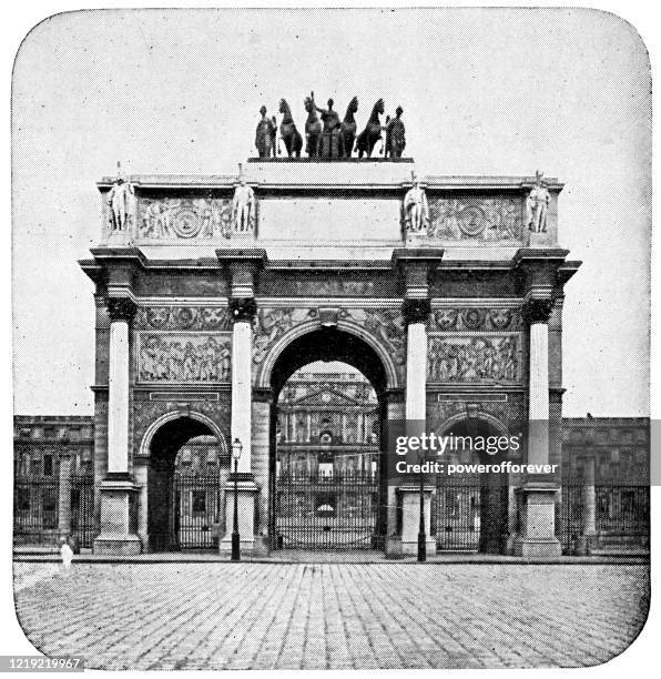 arc de triomphe du carrousel and tuileries palace in paris, france - 19th century - jardin des tuileries stock illustrations