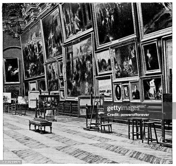 stockillustraties, clipart, cartoons en iconen met les salles rouges in het palais du louvre in parijs, frankrijk - 19e eeuw - art museum