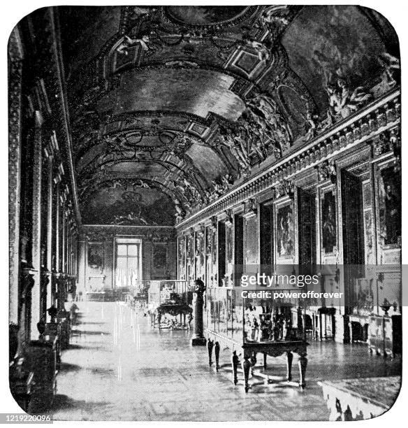 galerie d'apollon at the palais du louvre in paris, france - 19th century - place du louvre stock illustrations