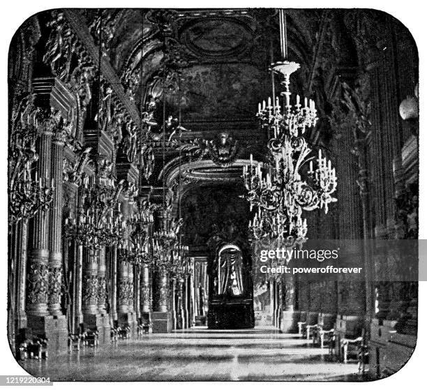 grand foyer at the palais garnier in paris, france - 19th century - grand opera house stock illustrations